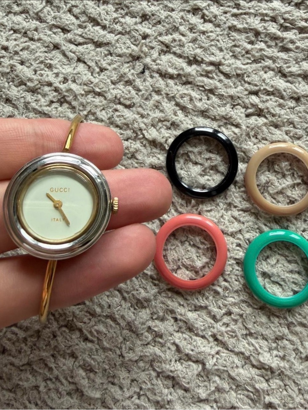 Gucci Gold-Tone Bangle Watch with Black, Beige, Coral, Green, and Silver Bezels